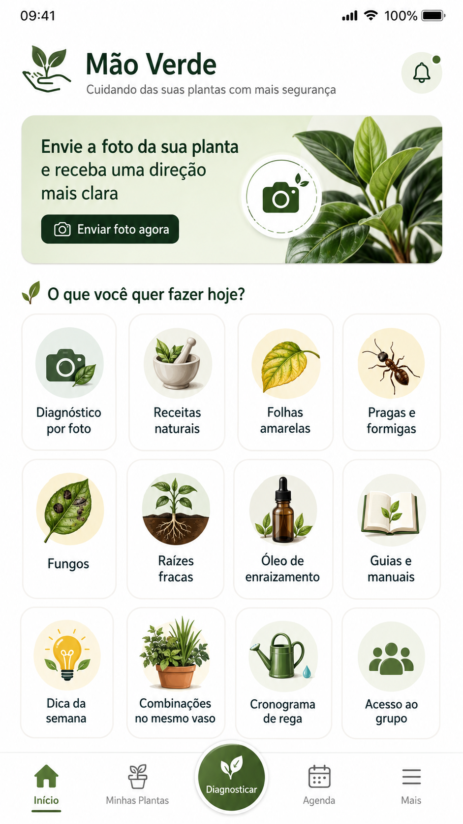 Mockup do App Premium Mão Verde com diagnóstico por foto, receitas naturais, cronograma de rega e guias